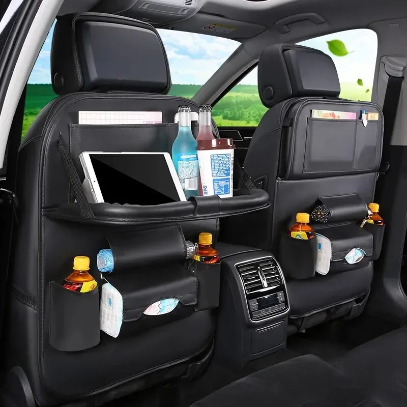 Car Seat Back Organizer with Foldable Table Tray, PU Leather Storage, Pockets, Kick Mats, Interior Accessories