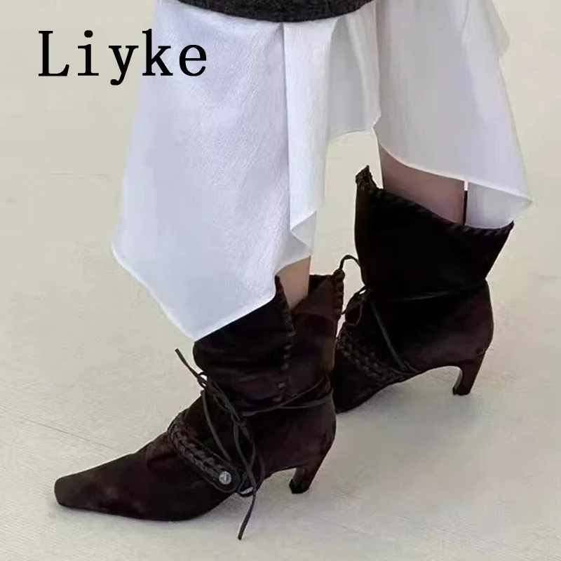 

Liyke Новые модные складные плиссированные ботильоны для женщин, короткие ботильоны на шнуровке, осень-зима, туфли на низком каблуке для подиума, коричневые