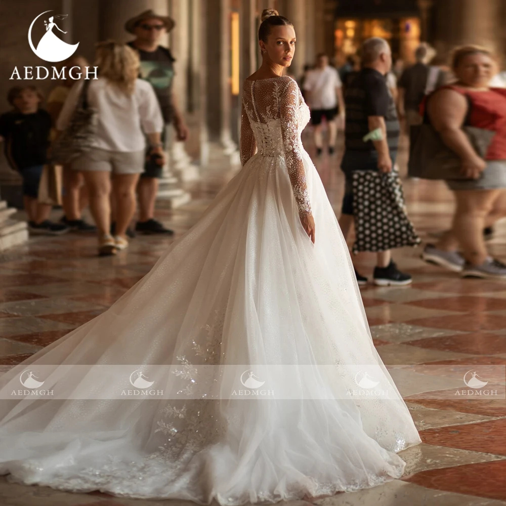 Aedmgh-Robes de mariée élégantes A-Line, col rond, manches longues, appliques en dentelle, tulle délicat, 2024