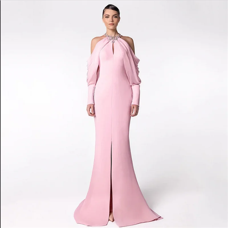 

Sexy Mermaid Pink Evening Dress Vestidos De Fiesta Customized Halter Long Sleeves Buttons Pink Prom Gown Slit Party Dresses