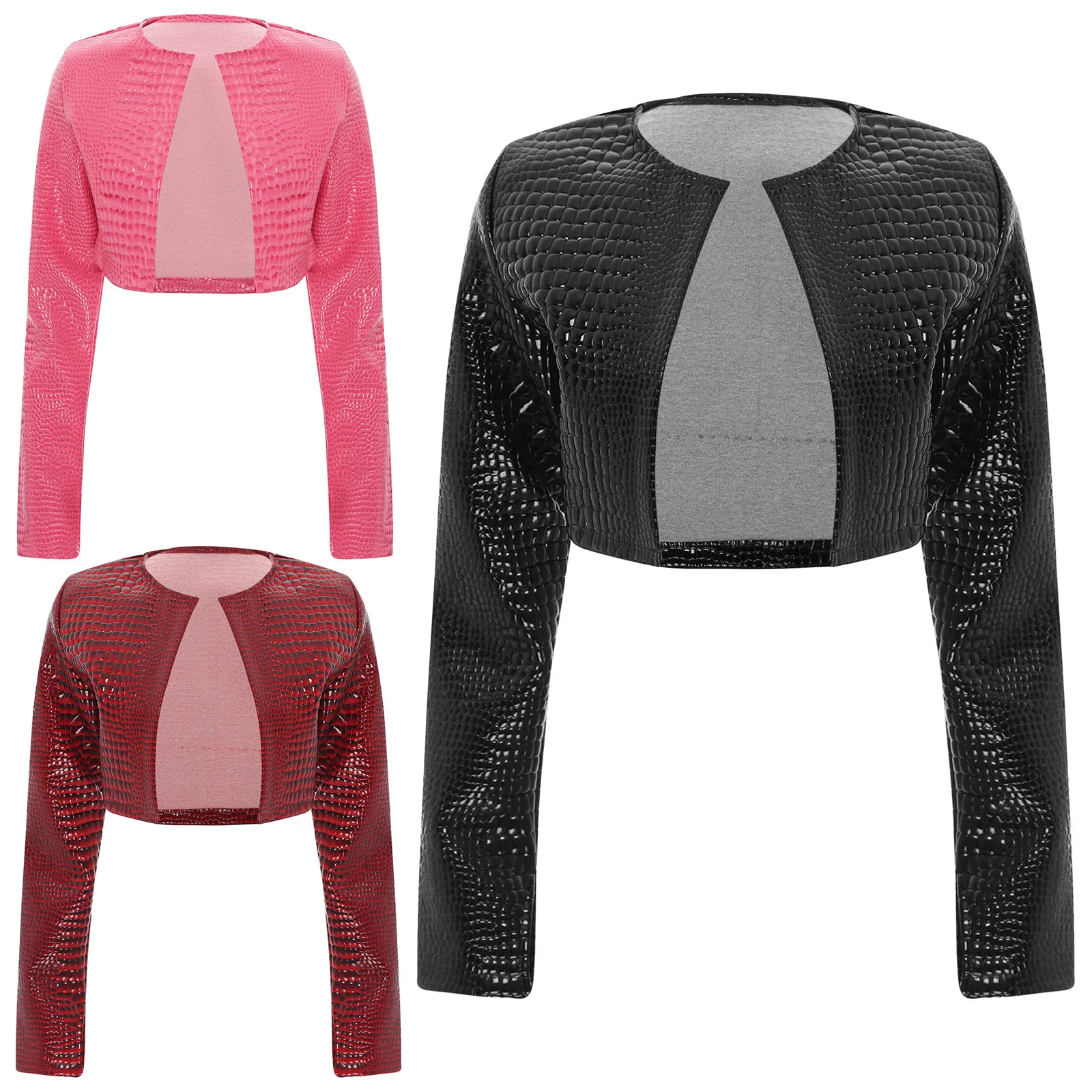 Punk Glossy Jacket Women Long Sleeve Snakeskin Embossing Short Coat Bolero Blazer Party Club Casual Waistcoat Cardigan Coat