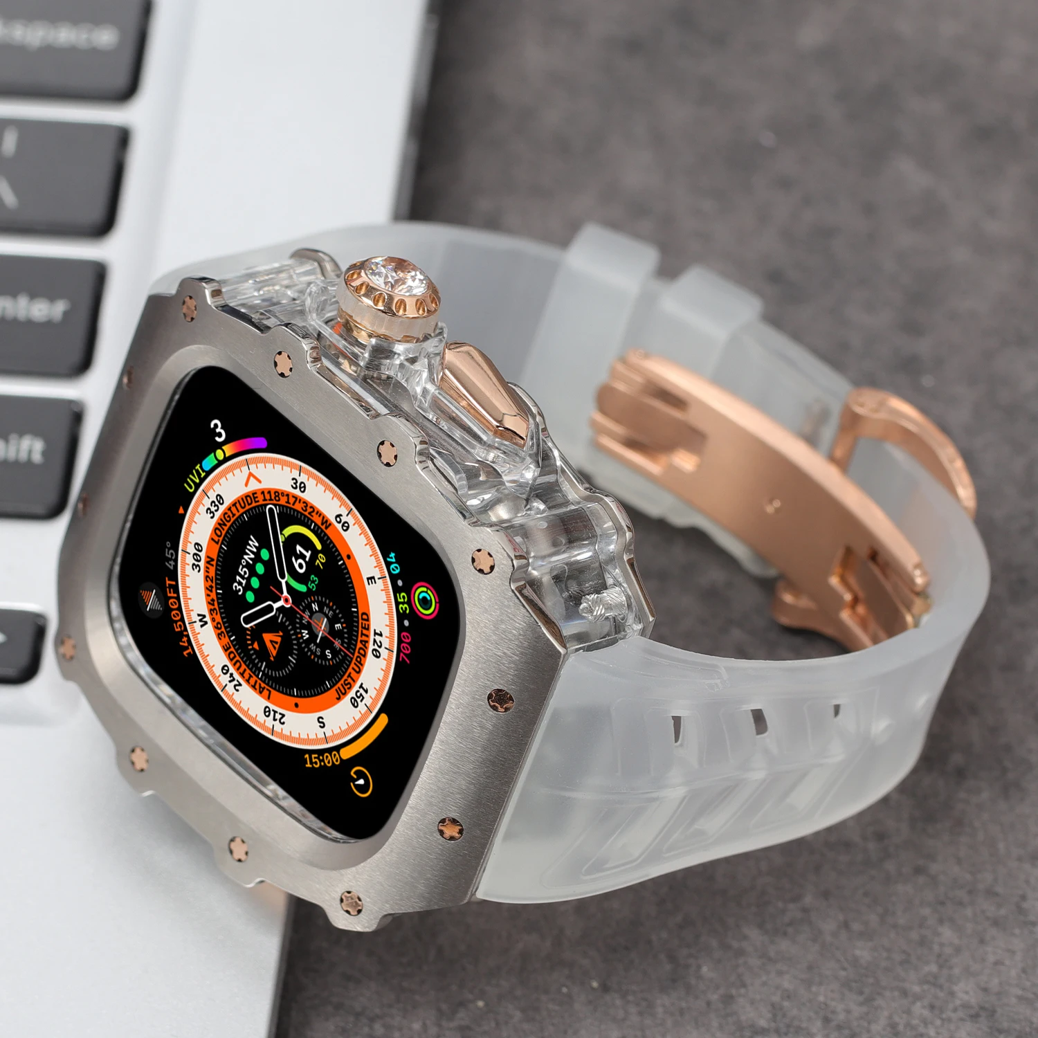 

Luxury Titanium Mod Kit For Apple Watch Ultra 49MM Transparent Band For Iwatch 9 8 7 6 SE 5 4 45MM 44MM Metal Case Rubber Strap