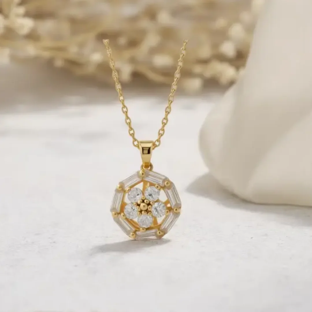 Elegant Octagon Flower Pendant Necklace with Shiny round And Baguette Zircon Gold Plated Clavicle Chain for Women Fashion Jewelr