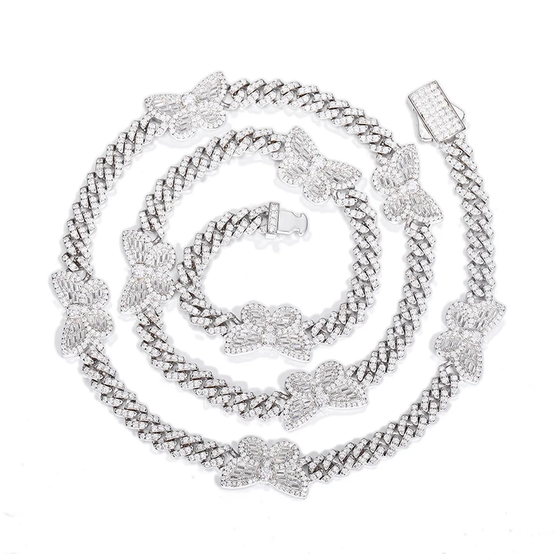 

S925 Sterling Silver Moissanite Claw Butterflys Link Cuban Link Chain Necklace for Men Hip Hop Bling Ice Out Rapper Jewelry