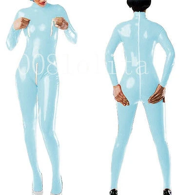 

100% Latex Rubber Gummi Light blue sport tight Suit Catsuit with zipper Size XS~XXL