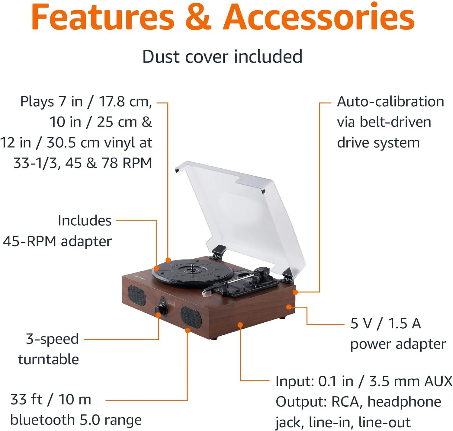 Amazon Basics Turntable Record Player with Built-in Speakers and Bluetooth, Desktop, Black