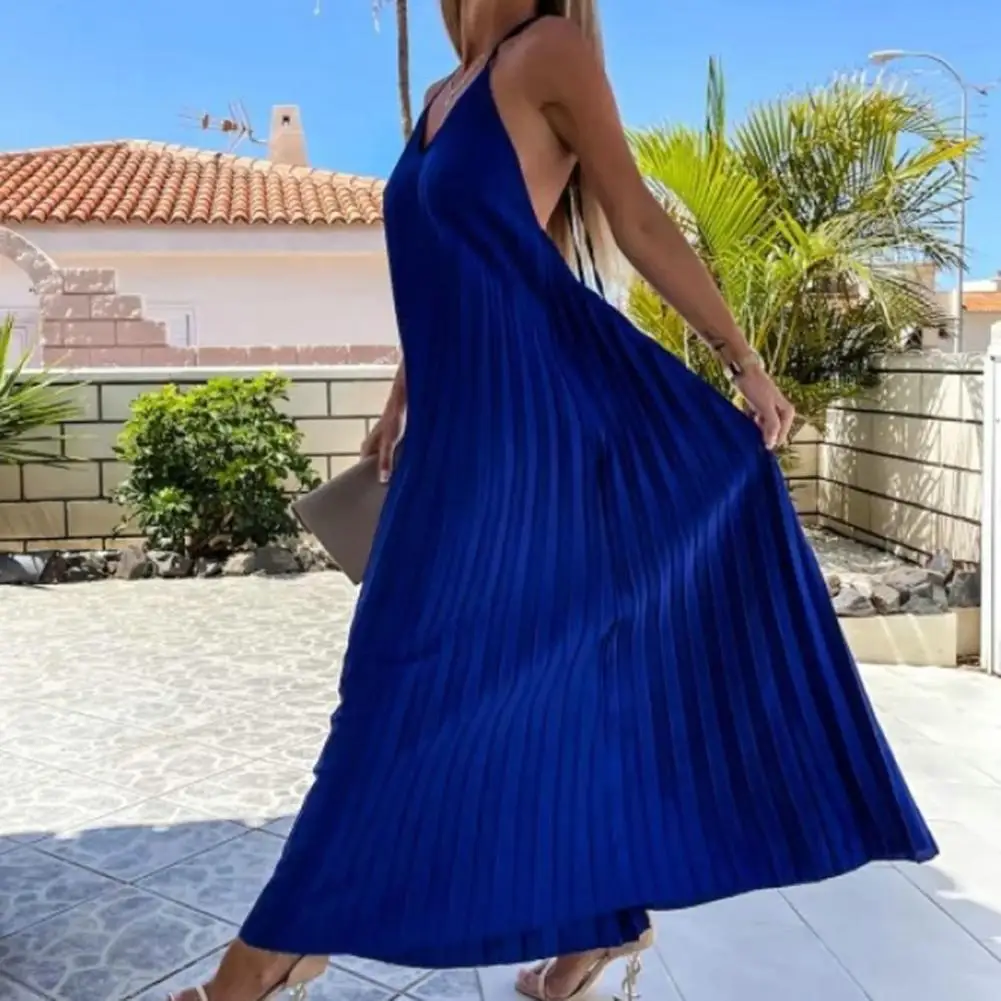 Seksowna Halter długa sukienka Off Shoulder Backless jednokolorowa sukienka Maxi elegancka prążkowana letnia plaża sukienka plisowana odzież damska