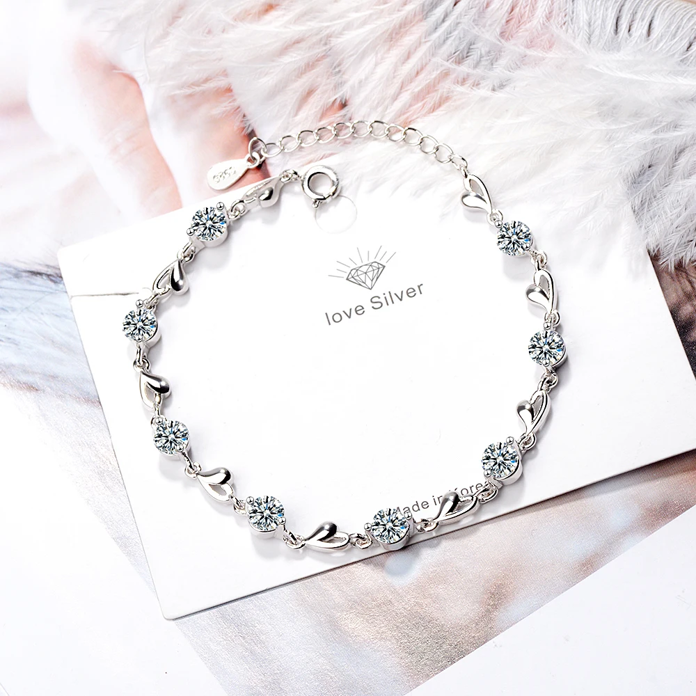 Fashion 925 Sterling Silver Zircon Love Heart Shaped Bracelets Crystals  For Women Valentines Gift Wedding Party Cute Jewelry