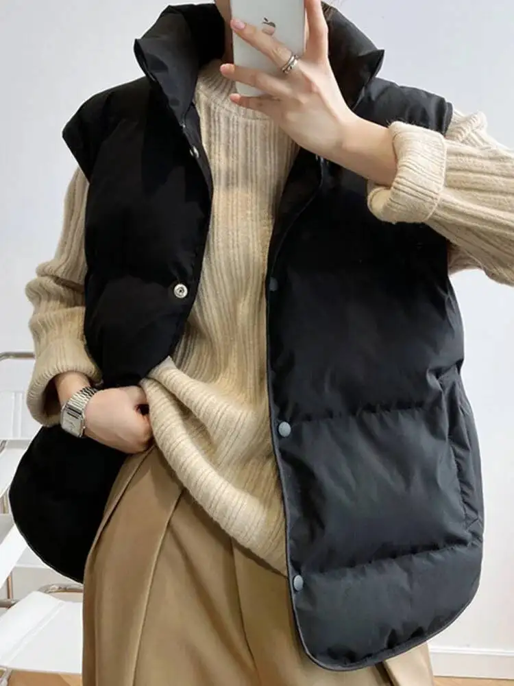 ZMEENNA Bezrękawniki damskie ze stójką, zapinane na jeden guzik, jednokolorowe kurtki na jesień 2025, nowe modne topy damskie, model ZM4053