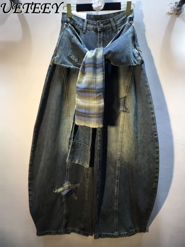 

Новинка осени 202, джинсы с высокой талией и пятью звездами, женские свободные утягивающие широкие брюки Scimitar, мешковатые брюки для женщин