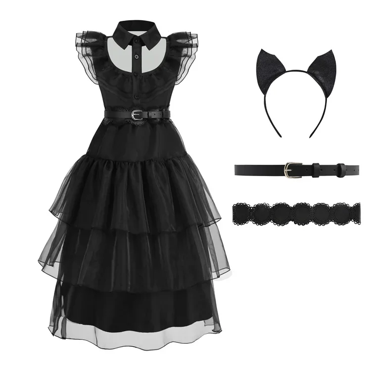 

Toddler Girl Children Spring Fall Cosplay Costume Kid Black Mesh Gauze Fit Skirt Ruffly-sleeve Family Prom Princess Gown Dresses