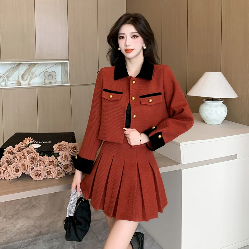 Casaco curto feminino e mini conjunto de saia linha A, senhora casual do escritório, elegante, novo designer, outono, inverno, 2 peças