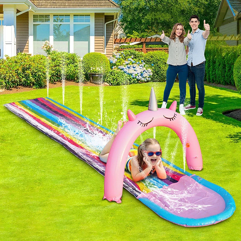 12 ft unicórnio gramado corrediça de água arco-íris com pulverização e inflável crash pad para crianças jogar jogos piscina água sprinkler brinquedos