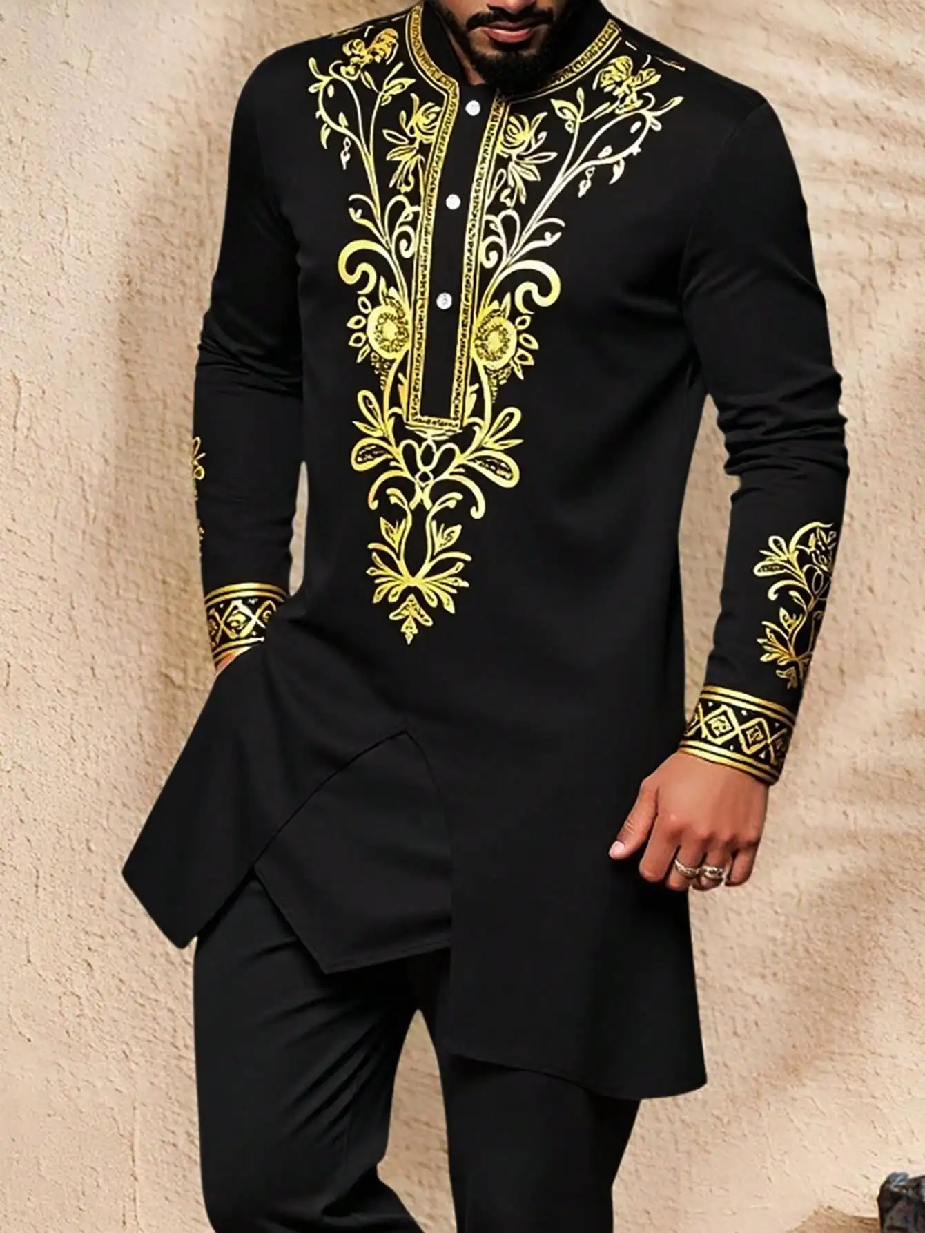 

Men's Black Long Sleeve Tunic Shirt with Gold Floral Embroidery, Ethnic Style
