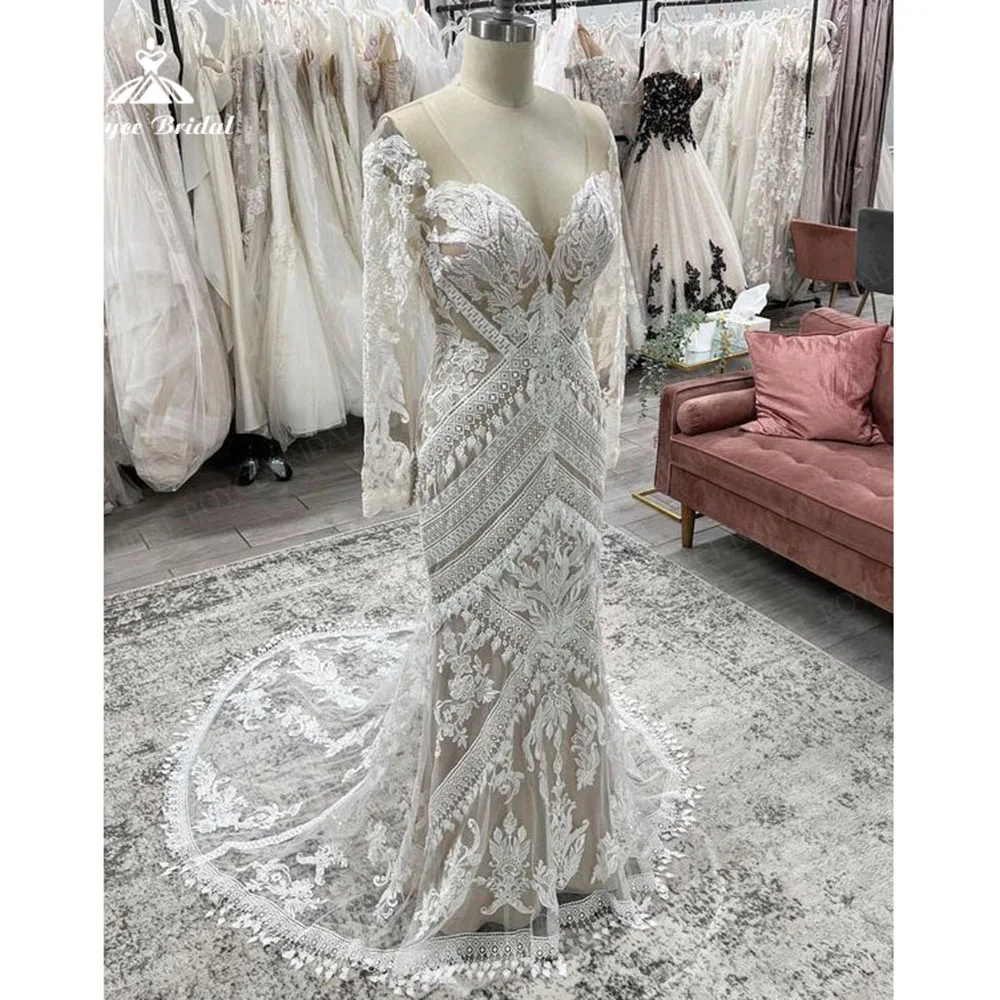 Bohemian Slim Lace Applique Wedding Dress For Women 2023 Backless Illusion Sleeve Court Train Backless Civil Vintage Bridal Gown