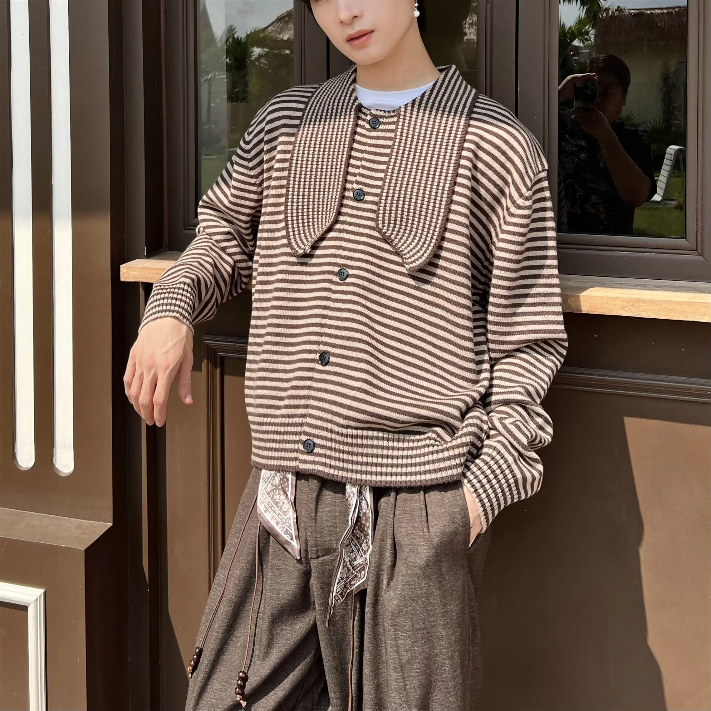 French Retro Style Men's Coffee Color Tie Stripe Sweater Cardigan Loose Casual Versatile High-end Black Gray Knitwear