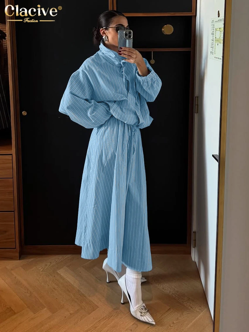 Clacive Fashion Loose Stripe Print 2 Piece Set Women Elegant Long Sleeve Shirt With High Waist Long Skirt Set Female Clothing