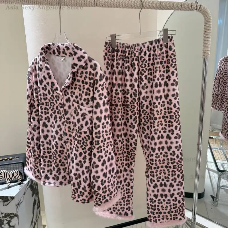 

2026 New Leopard Print Pajamas Set Autumn Winter Warm Sleepwear Thickened Island Velvet Nightwear Loungewear Casual Home Clothes