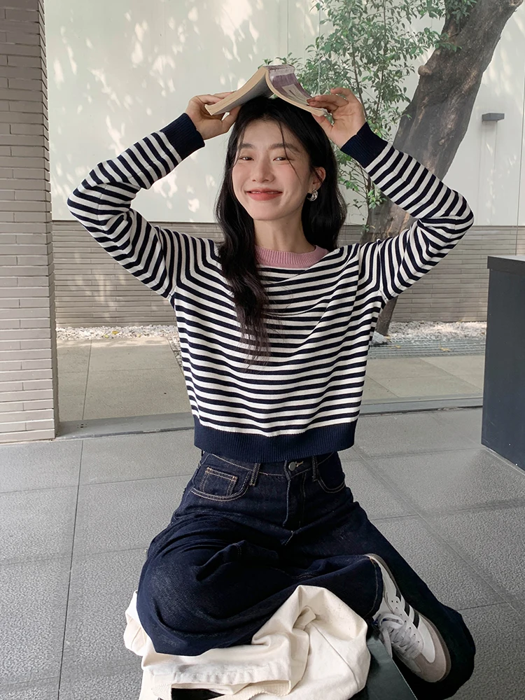 

Уникальный корейский женский вязаный джемпер в полоску с длинным рукавом, весна 2026, новинка, свободный крой в стиле французского шика