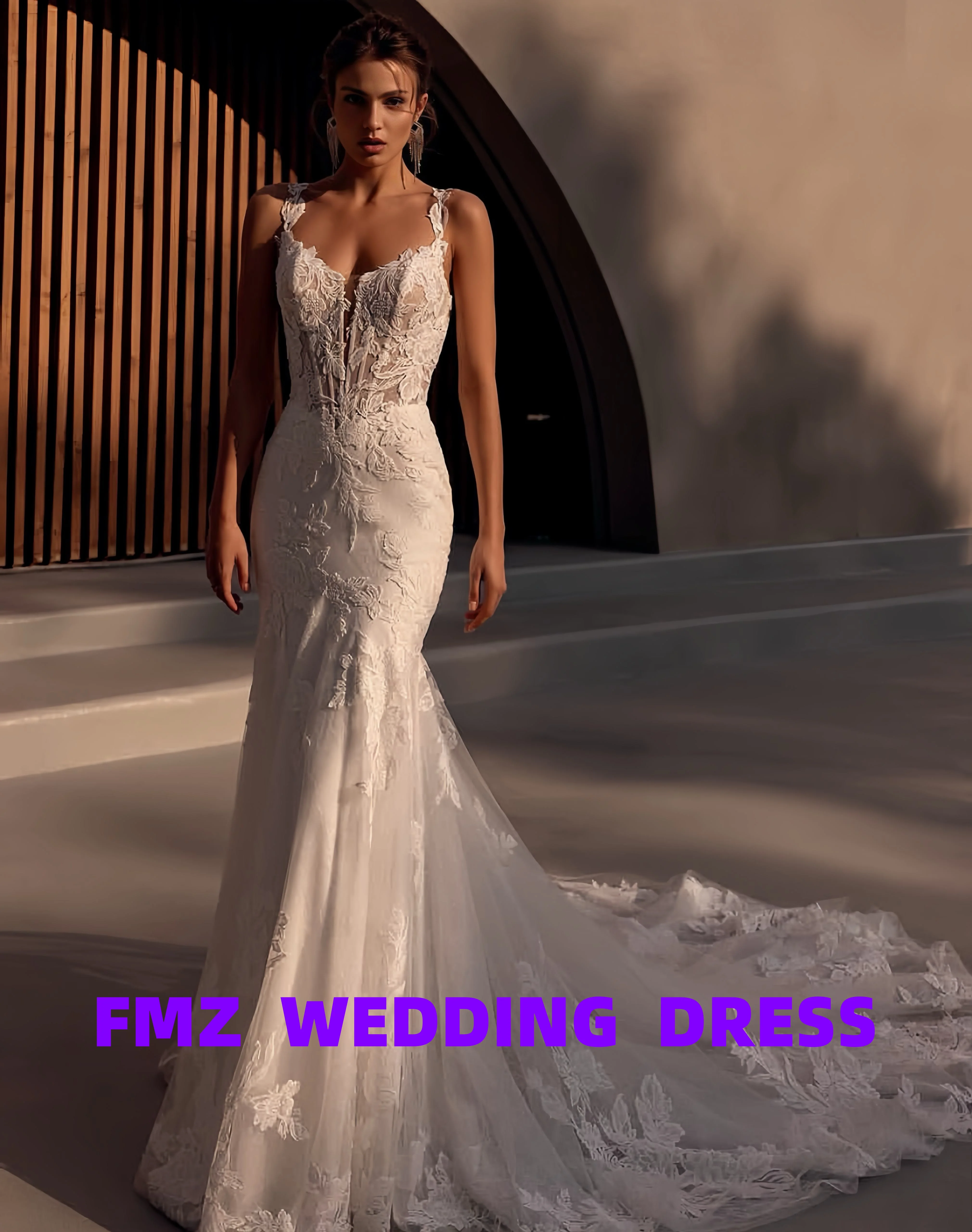 Personalizado con cuello en V tiras sin mangas sirena elegancia amanda novias vestidos de novia amanda novias vestido de novia