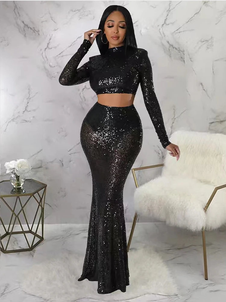 Women\'s Solid Color Sexy Perspective Slim Fit Sequin Top/Long Skirt Two-piece set Evening Party Dress 2024 Autumn New Item