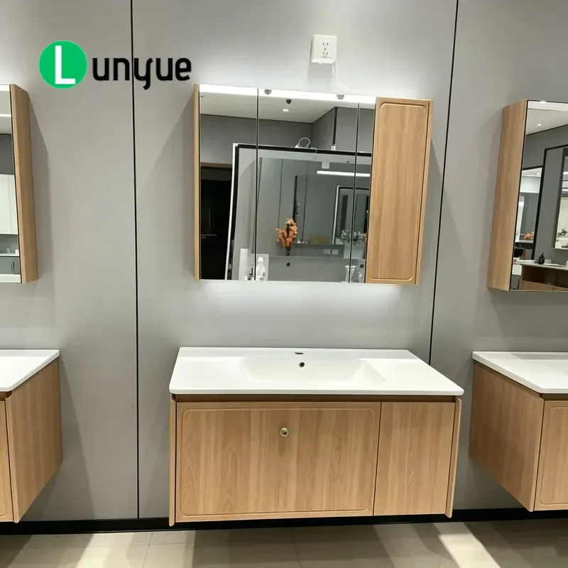 Modern Light Beige Wall Mounted Bathroom Vanity Double Door Ceramic Basin LED Mirror Cabinet Side Locker Luxury Storage