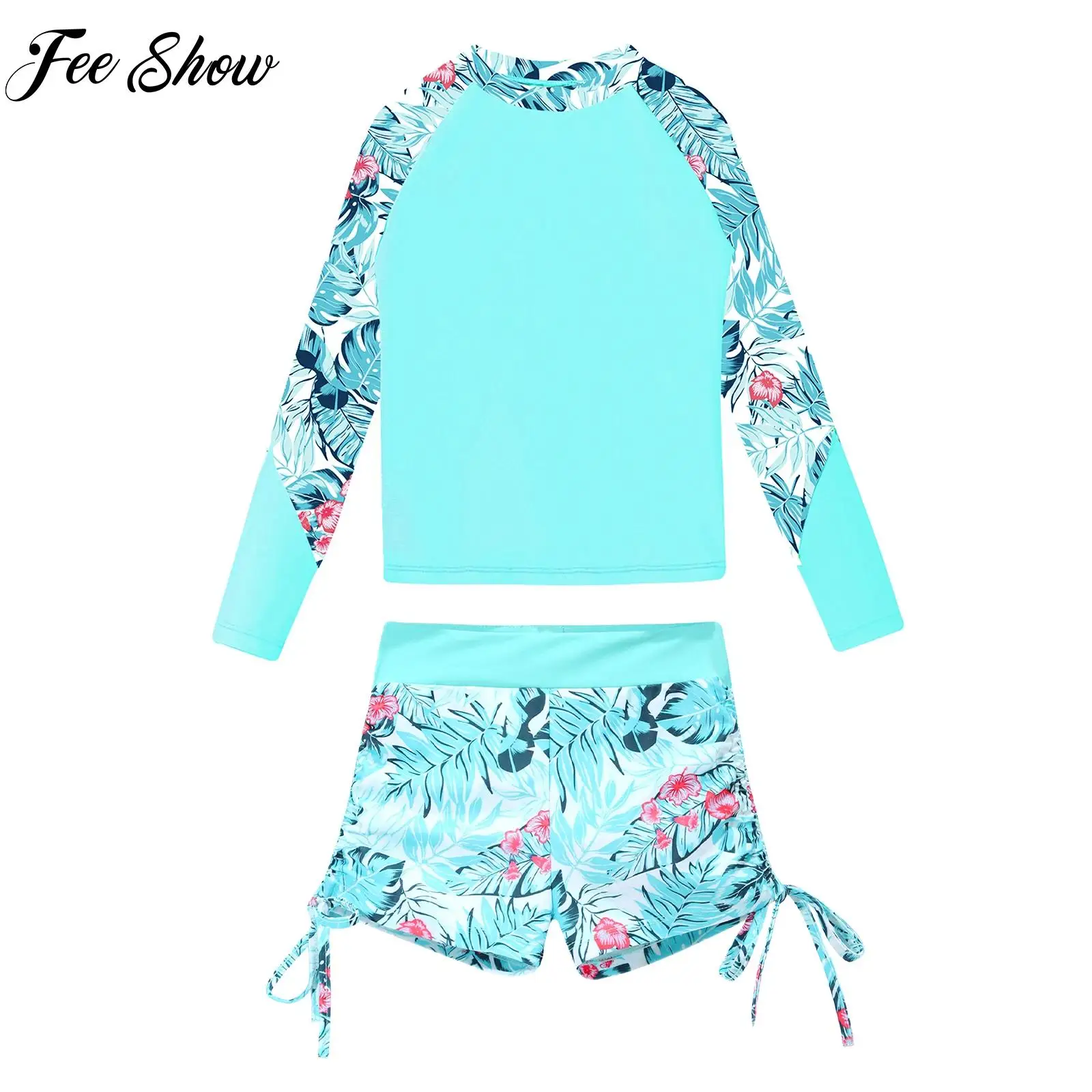 

Kids Girls Printed Long Sleeve Mock Neck Tops Rash Guard with Elastic Waistband Side Drawstring Shorts Pool Beach Bathing suit