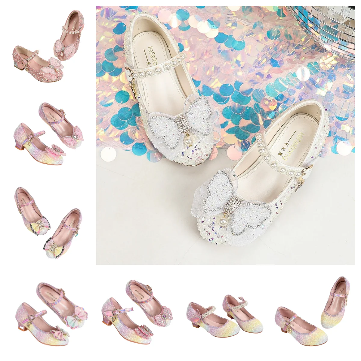 2024 Children's Party Single Shoes New Girl Fairy Girl Leather Shoes Rhinestone Butterfly Princess Crystal Shoes Simple Princess