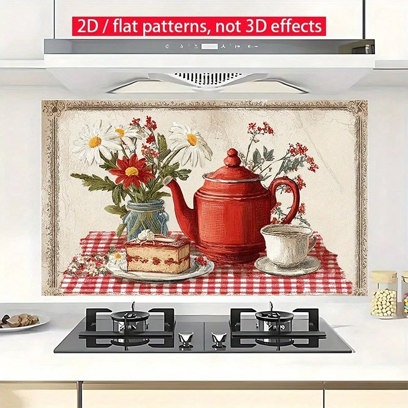 1pc 2D Flat retro kitchen decoration with floral teapot and daisy patterns PVC material with red and white checkered background