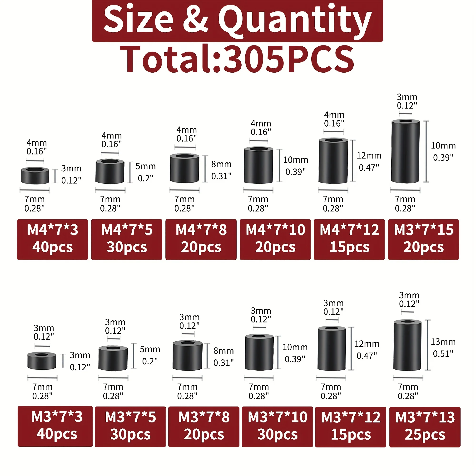 50/305pcs distanziatori per viti di uscita elettrica, Kit di assortimento distanziatori rotondi in Nylon nero, distanziatori in plastica senza filettatura, interruttore An