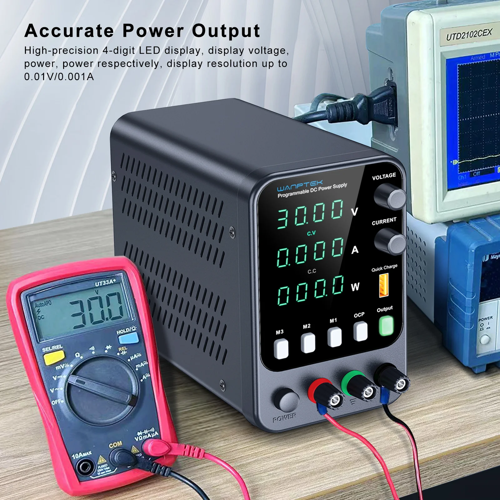 Adjustable DC power supply with 4-digit LED display; 5V/3.6A USB fast charging with 3-group memory with encoder adjustment