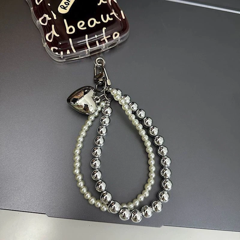 Luxury Pearl Beaded Love Charm Double Chain Mobile Phone Chain Cute Keychain Bag Pendant Camera Wrist Strap Anti-Lost Chain Gift