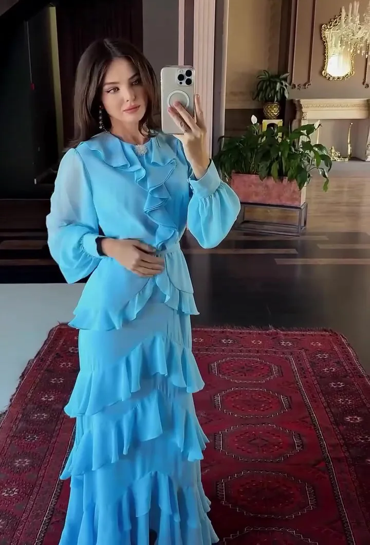 Elegant Solid Layered Ruffle Long Dress Women O Neck Long Sleeve Belt Chiffon Maxi Dress Autumn Wedding Guest Evening Party Robe