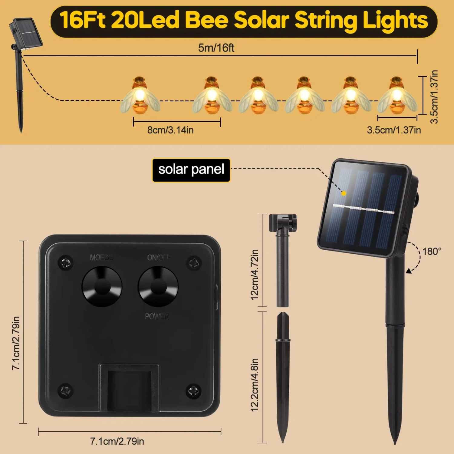 100LED Solar Bee String Lamp Outdoor Fairy Light Tree Chritmas Garland 8 Modes Waterproof Patio Garden Party Decor Pond Garten