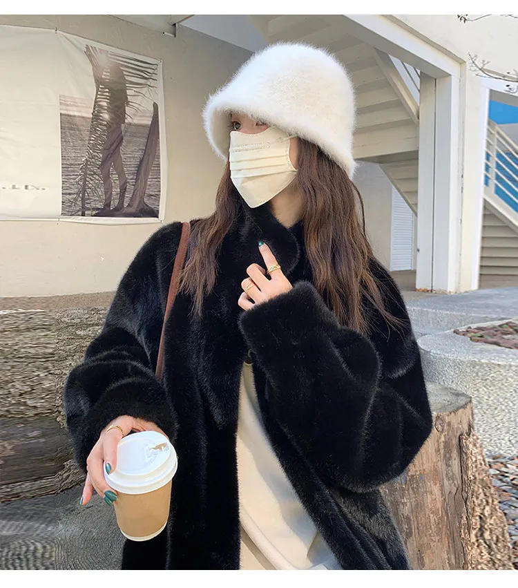 Women's Thick Faux Mink Fur Mid-length Coat Autumn Winter Fashion Stand Collar Plush Outerwear Women Elegant Warm Fluffy Jackets