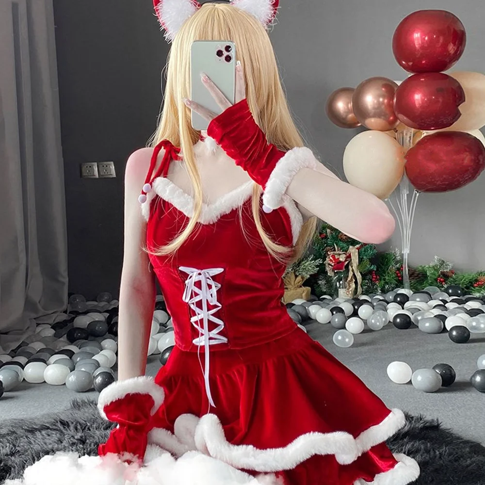 Christmas Cosplay Costume Women Santa Claus Play Costume Festival Party Mascot Garment Short Red Suspender Dress Anime Clothes