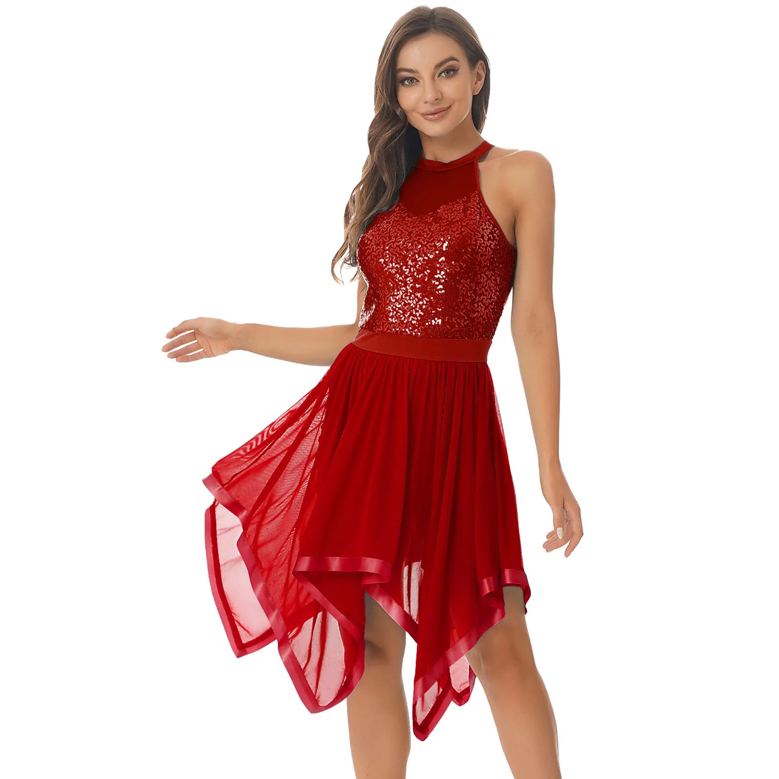 Womens Lyrical Dance Costume Shiny Sequins Halter Ice Figure Skating Dress Elegant Stage Show Party Ballroom Ballet Clothing