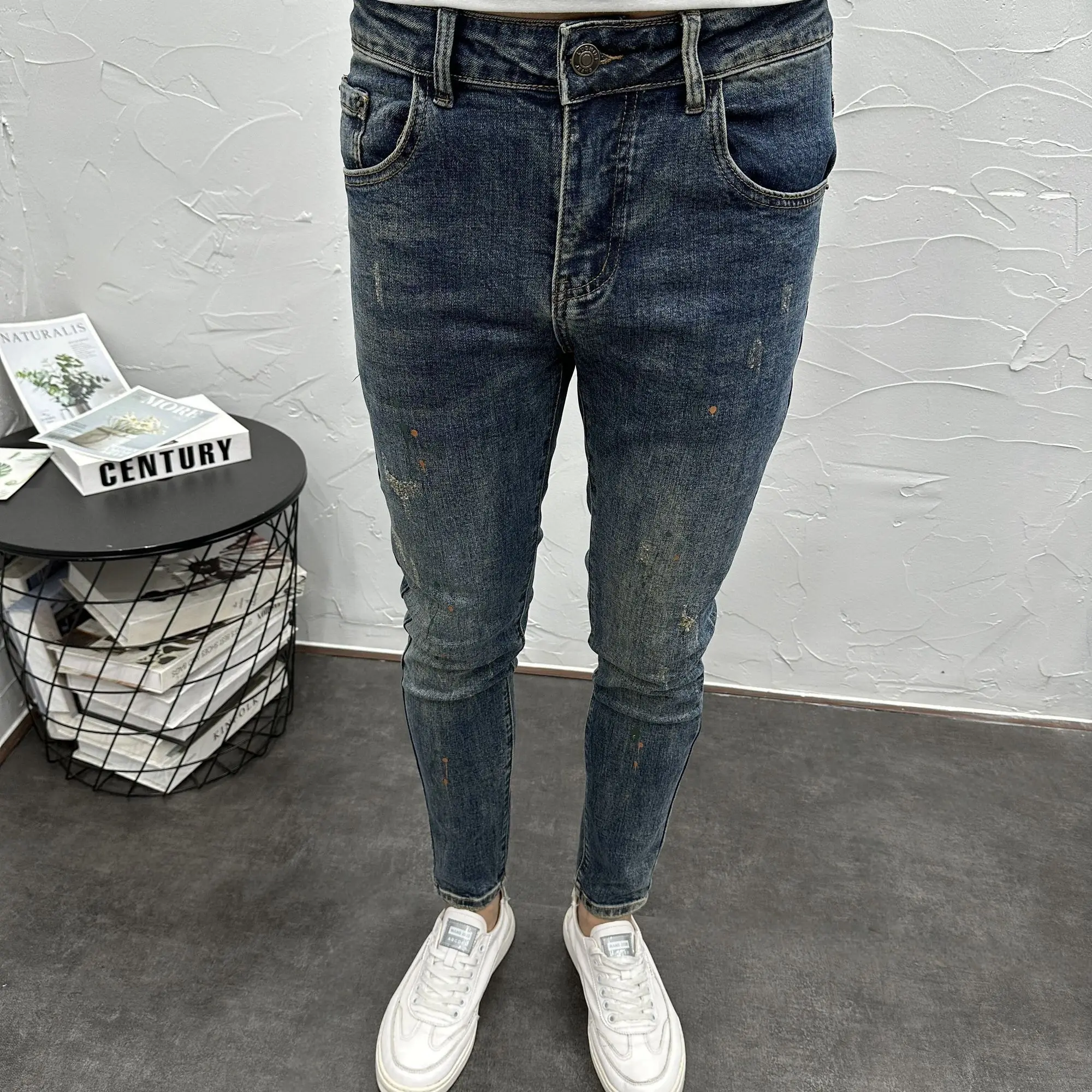 Throwing Paint Making Old Dark Blue Washed Elastic Slim-fit Small-footed Jeans Men's Autumn Winter Casual Streetwear Trousers