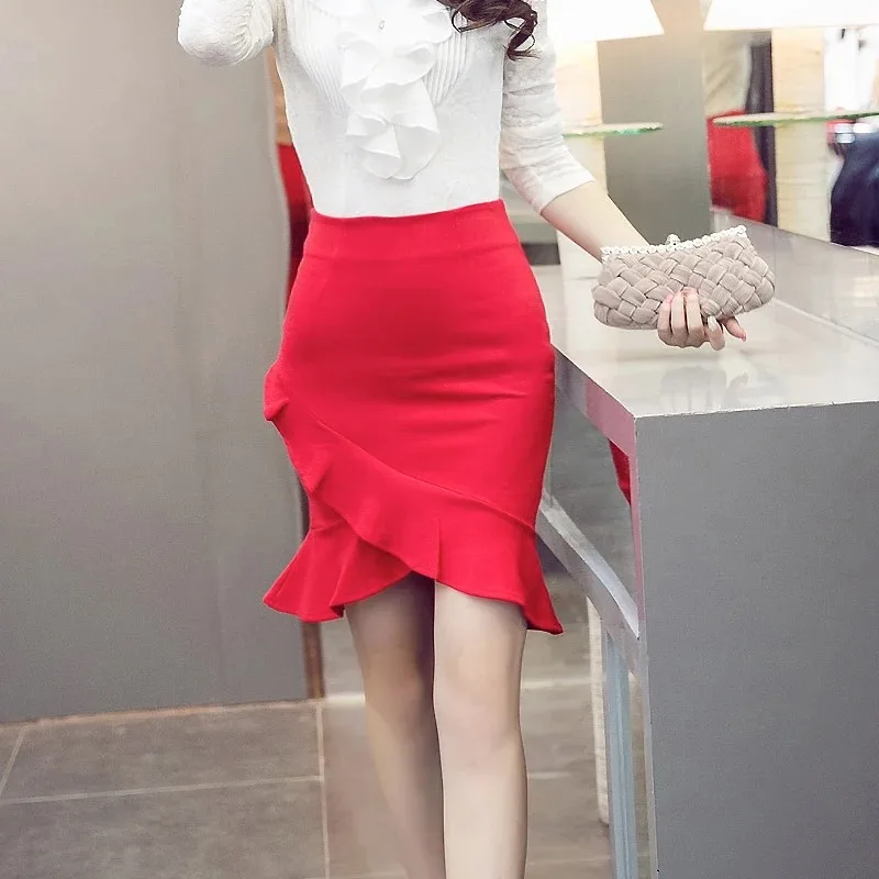 

Новая эластичная юбка-карандаш с высокой талией и оборками в стиле OL, женская, больших размеров