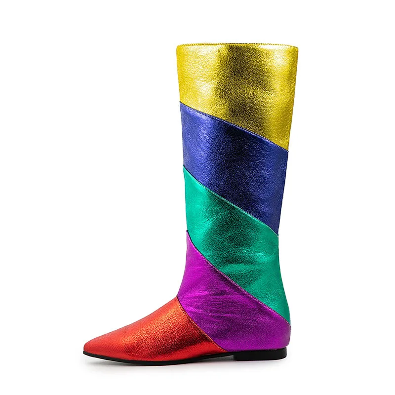 Flat Colorful Knee High Boots Pointed Toe Rainbow Booties Spring Daily Casual Shoes Dress Street Footwear Classic Rubber Sole