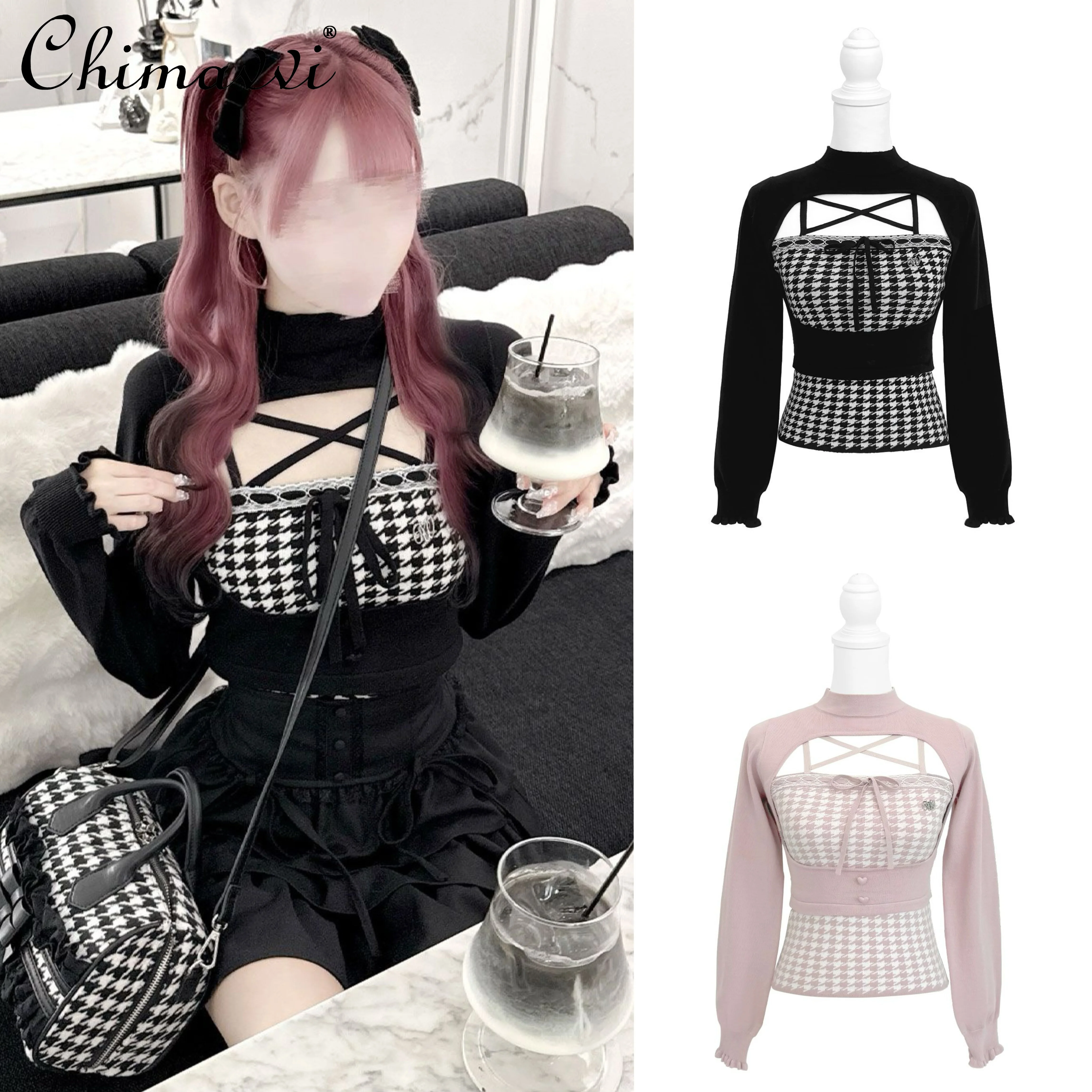 اليابانية الحلو فتاة Y2K سترة الخريف والشتاء موضة جديدة لطيف houndstooth و الجوف خارج التعادل محبوك سترة مجموعة للنساء #3