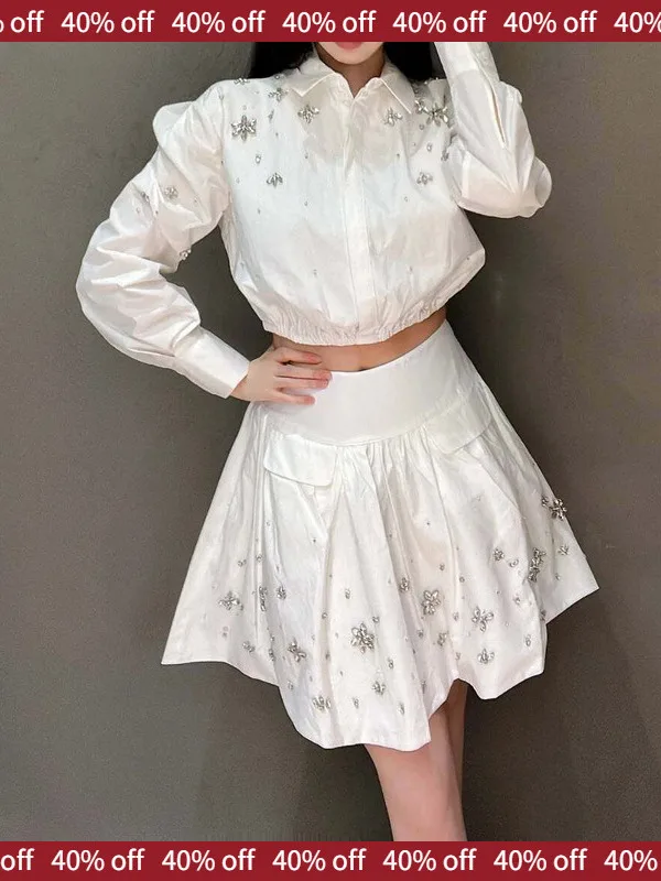 

Elegant White Diamond Decorated Shirt And High Waist Skirt Set Women's Fashion Autumn Collection Cotton Long Sleeve Blouse