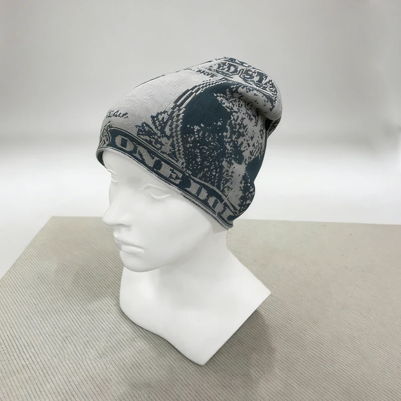 Y2K Street Wind Money Pattern Knitted Hat | Men's and Women's Blue-gray Dollar Bill Stacking Hat