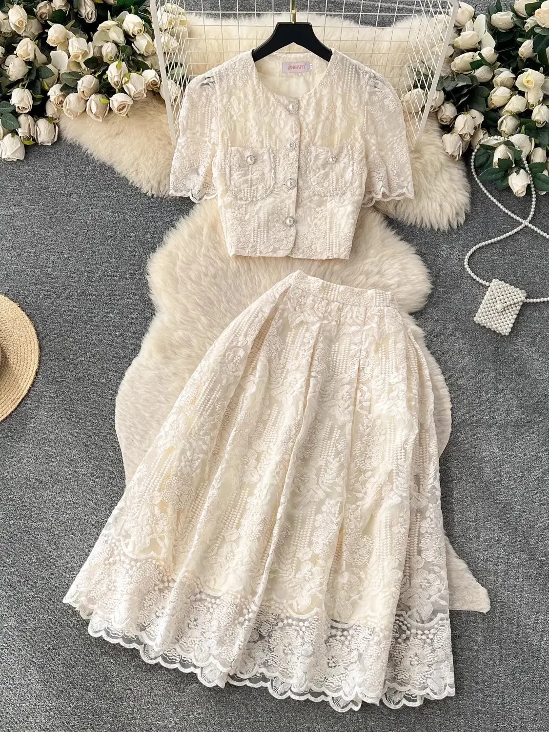 2024 Small Fragrant Embroidery Flower Two Piece Set Women Short Sleeve Pearls Buttons Pocket Lace Mesh Crop Top＋Midi Skirts Suit