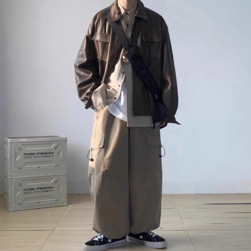 Spring 2024 Bomber Pu Leather Jackets Mens American Street Hip Hop Multi Pocket Fashion Coat Streetwear Loose Short Outwear - Image 2