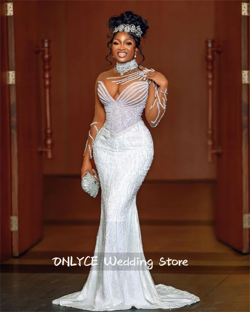 New Arrival 2024 Mermaid African Wedding Gowns With Detached Bow Mesh Sleeves Beading Pearls Luxury Robe De Mariee Custom