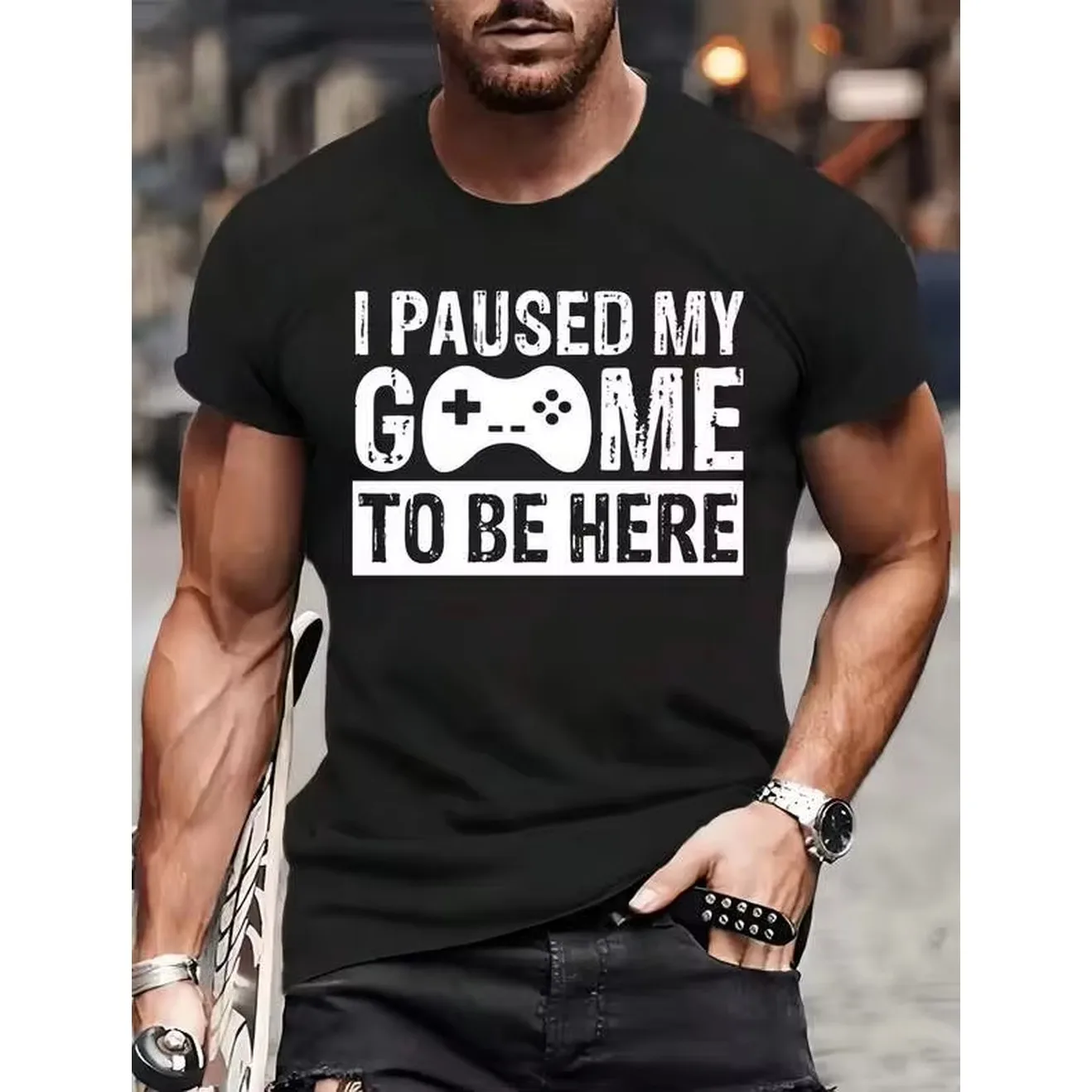 Game Controller Graphic Print Men Black T Shirt, Crew Neck Medium Stretch Knit Cotton Regular Fit Casual Short Sleeve Tee Top For Men Boys