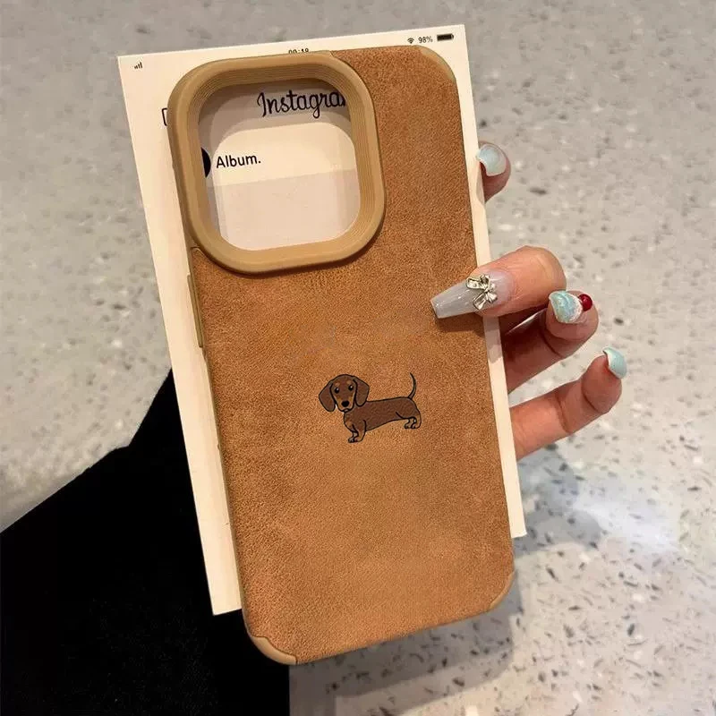 Coque de téléphone en cuir et Fiber de luxe, chiot drôle, chien, pour iPhone 17 16 15 Pro 7 8 Plus 14 13 12 11 Pro Max, antichoc Funda