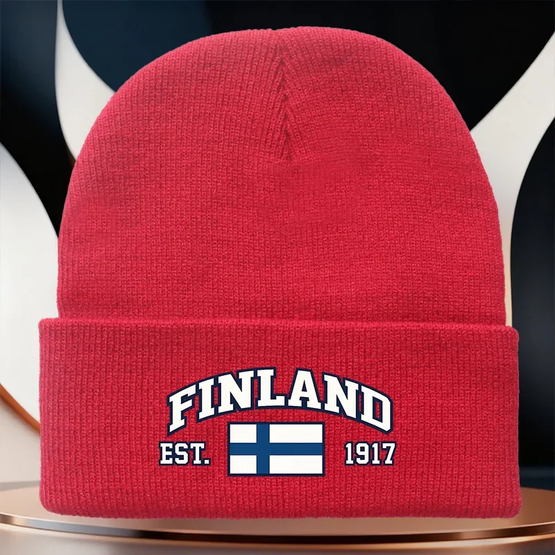 Custom Hats A Vintage-Style Knitted Hat Featuring A Print Of The Finnish Flag, Designed In A Neutral And Minimalist Way, Suitabl