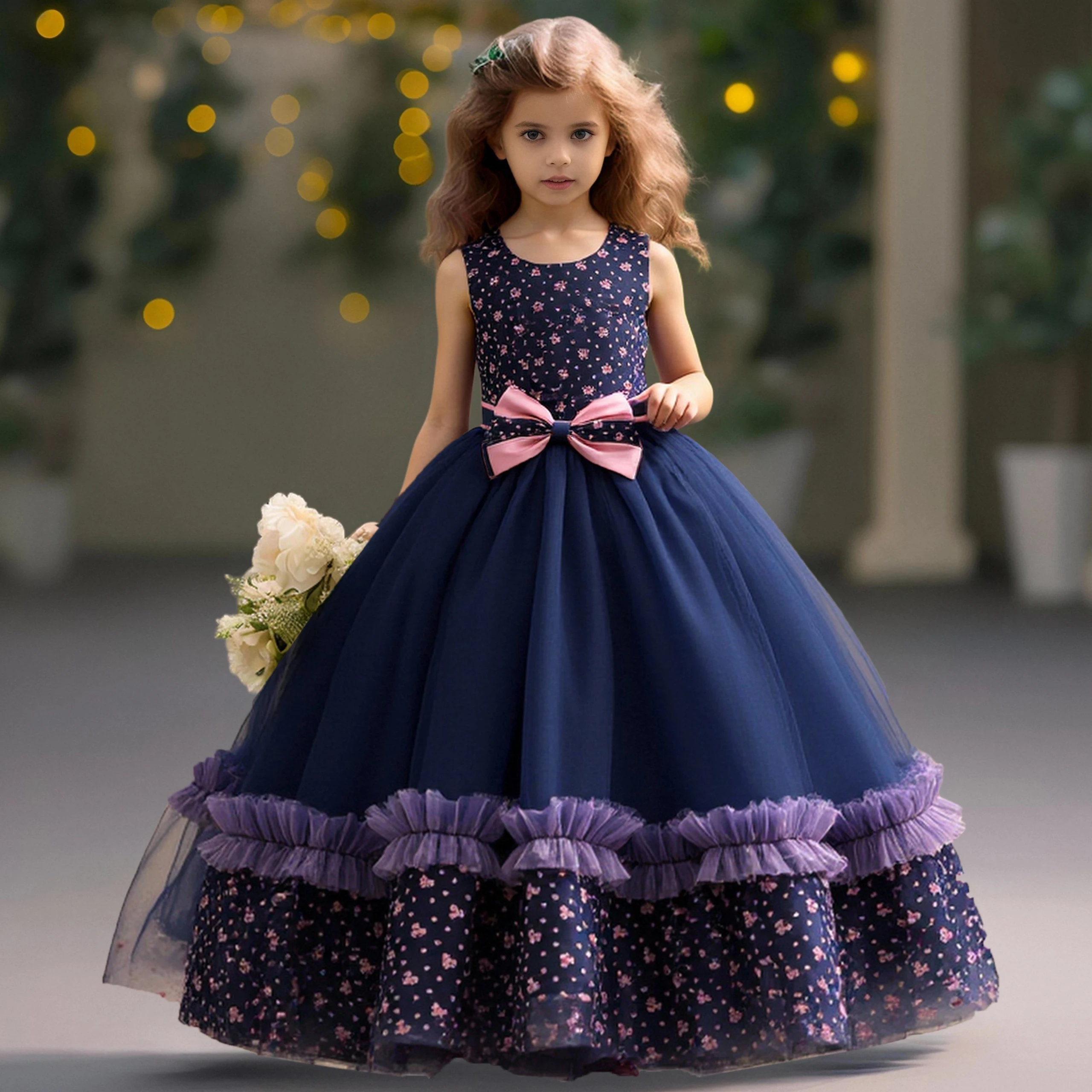 

Elegant Bow Bridesmaid Party Girls Dress Fashion Tulle Wedding Princess Prom Kids Dresses for Girl Gala Birthday Evening Costume